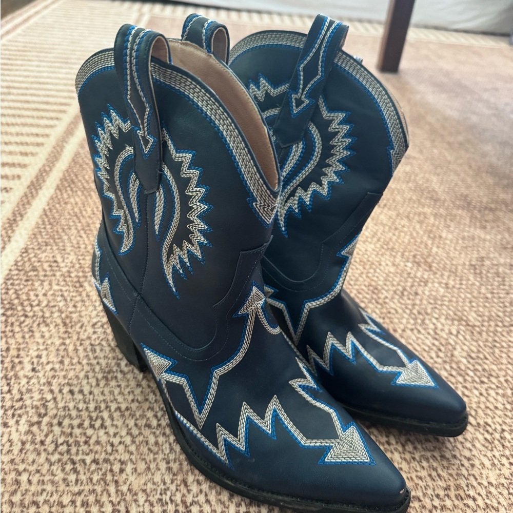 Stylish Blue Embroidered Ankle Boots